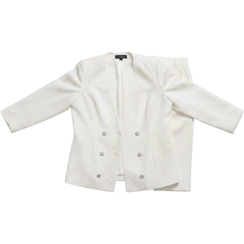 Donna Vinci Couture White Beaded Skirt Suit Set Double Breasted Pearl Button 20
